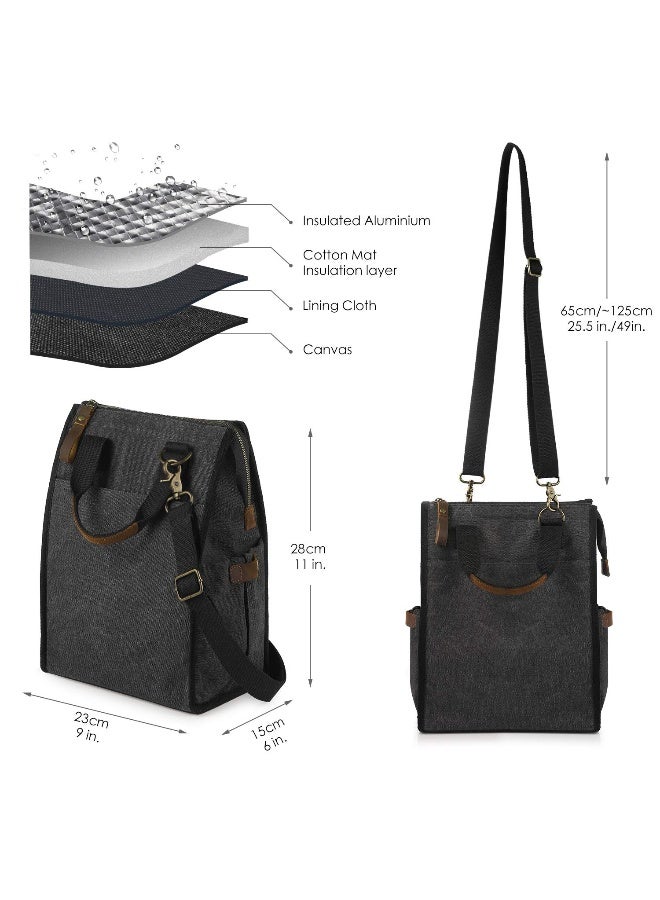 SMRITI Insulated Canvas Lunch Bag for Women/Men-9.6 L Reusable Leakproof Lunch Tote Bag for Work Picnic Beach - Fashion Lunchbox for Adults with Shoulder Strap(Dark Grey) - Image 2